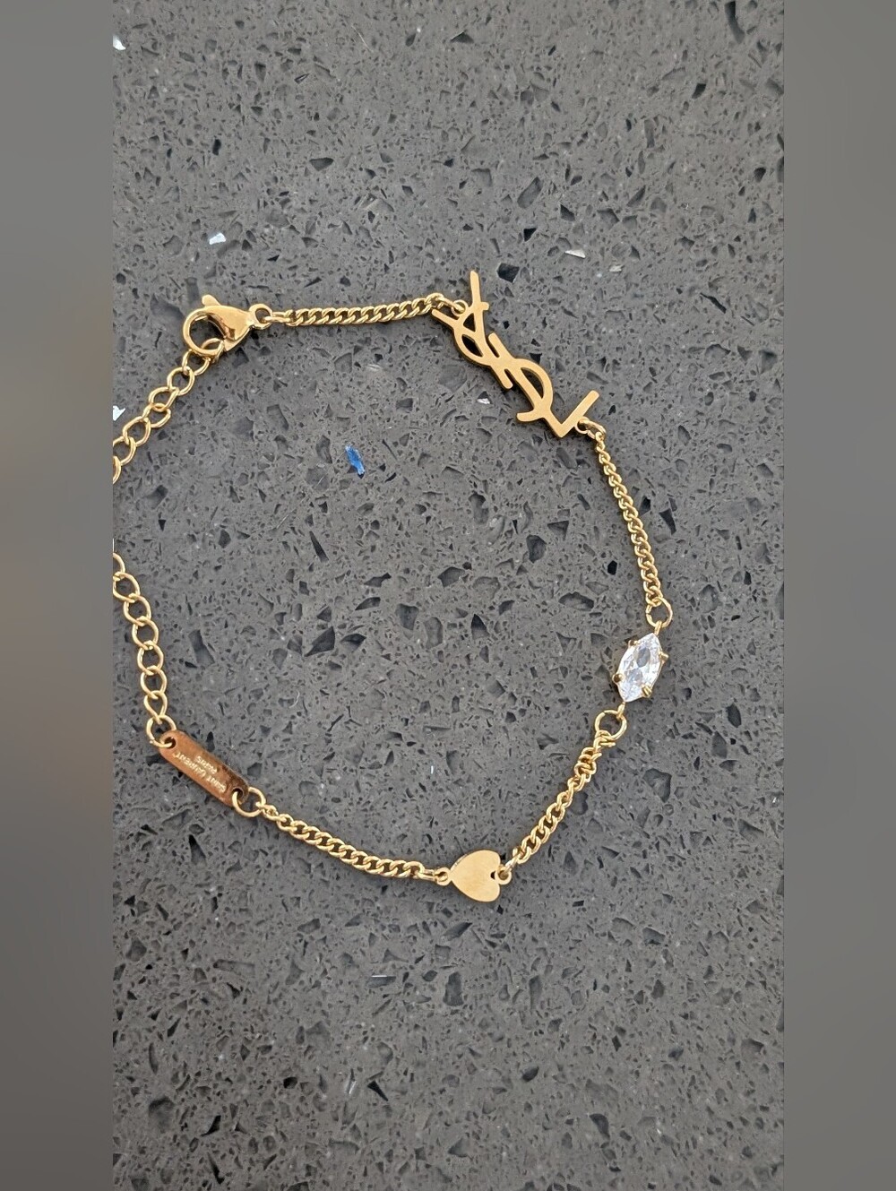 Gold-Tone Logo & Heart Charm Bracelet with Clear Crystal Accent Nwot Fashion Je